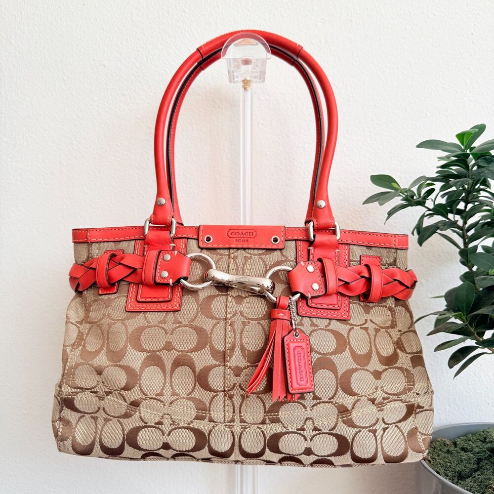 Coach Hampton F13065 Signature Jacquard Tote Coral Orange Red Leather Y2K Bag